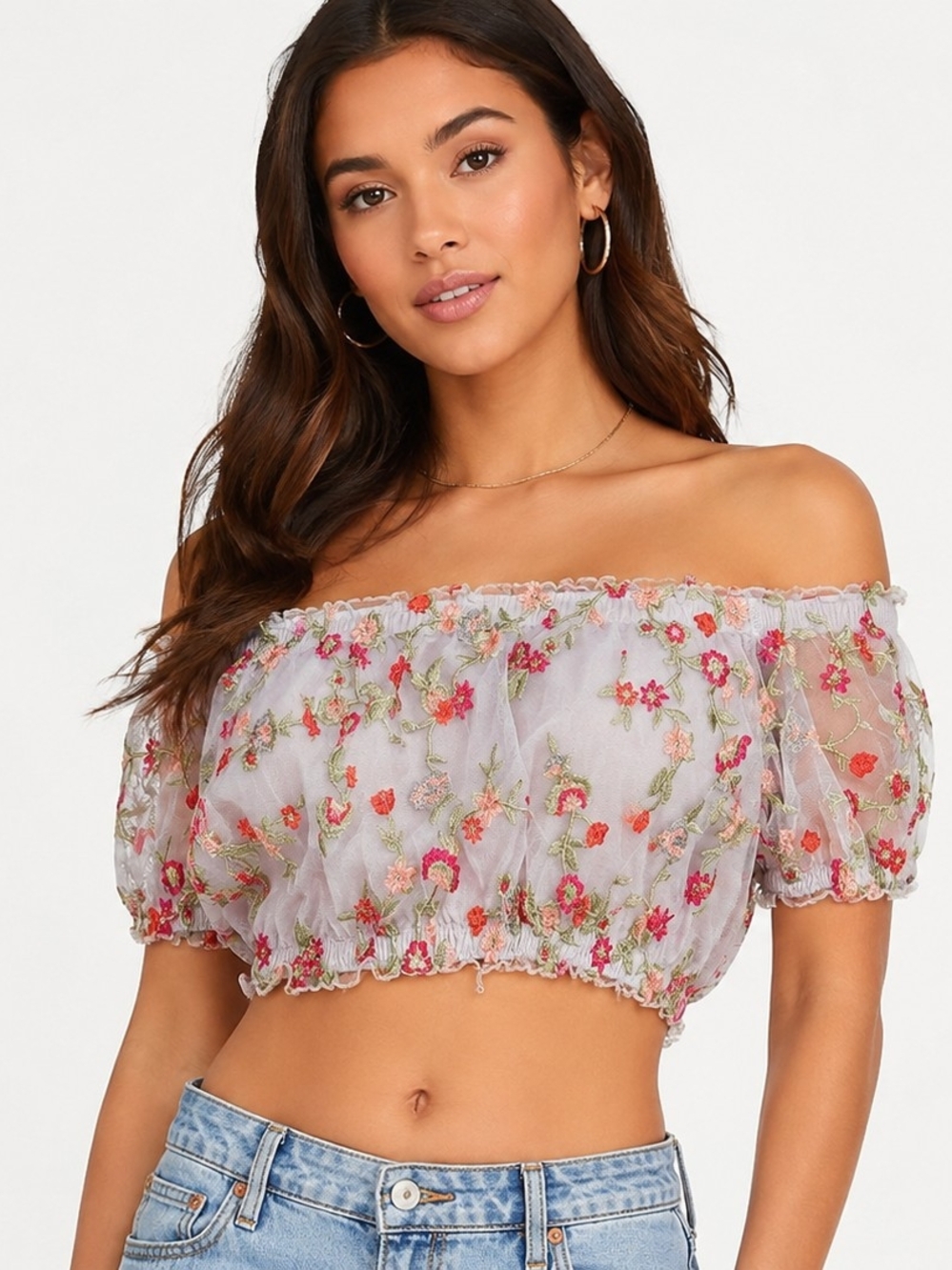 Forever 21 Embroidered Floral Mesh Off Shoulder Crop Top